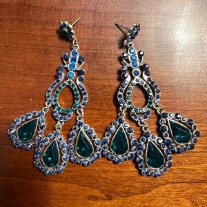 Exotic silver chandelier pierced earrings blue green gemstones